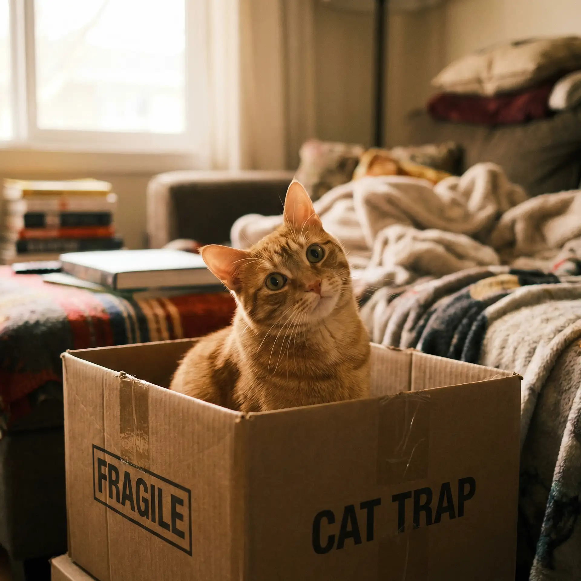橘猫躲在纸箱里 - 危险工作