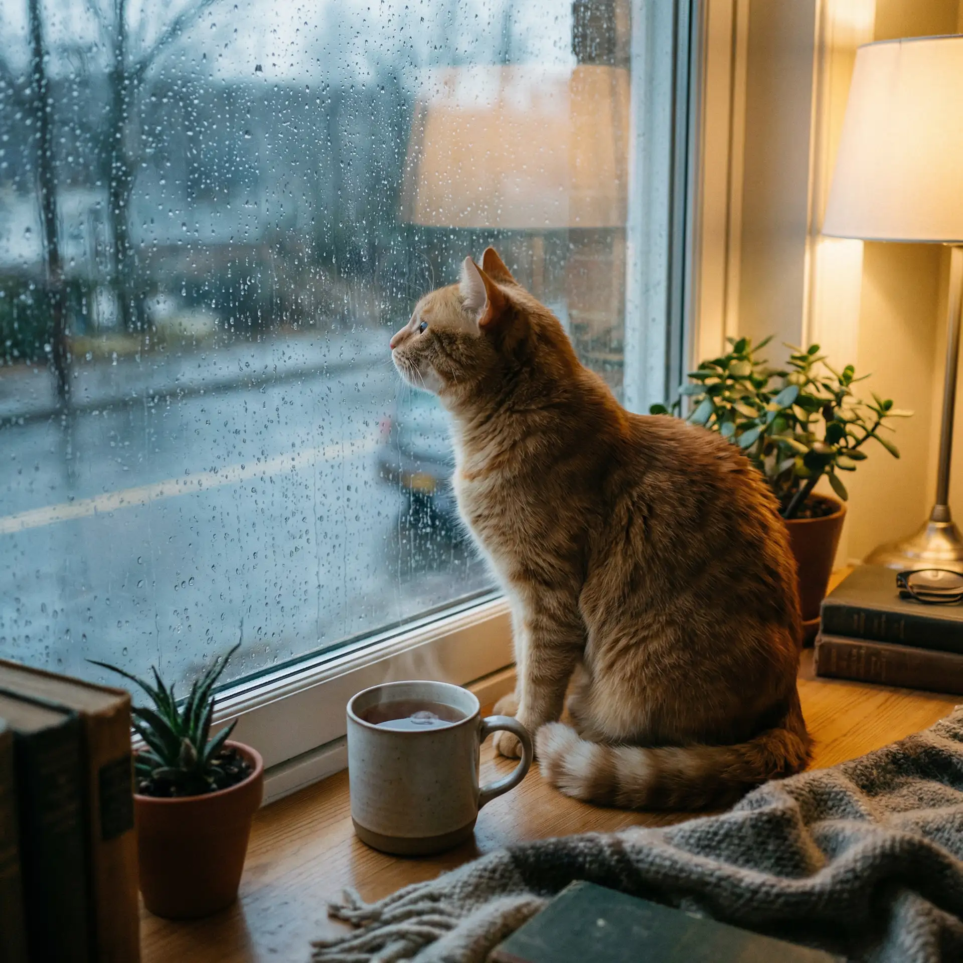 猫咪望着窗外的雨 - 危险工作