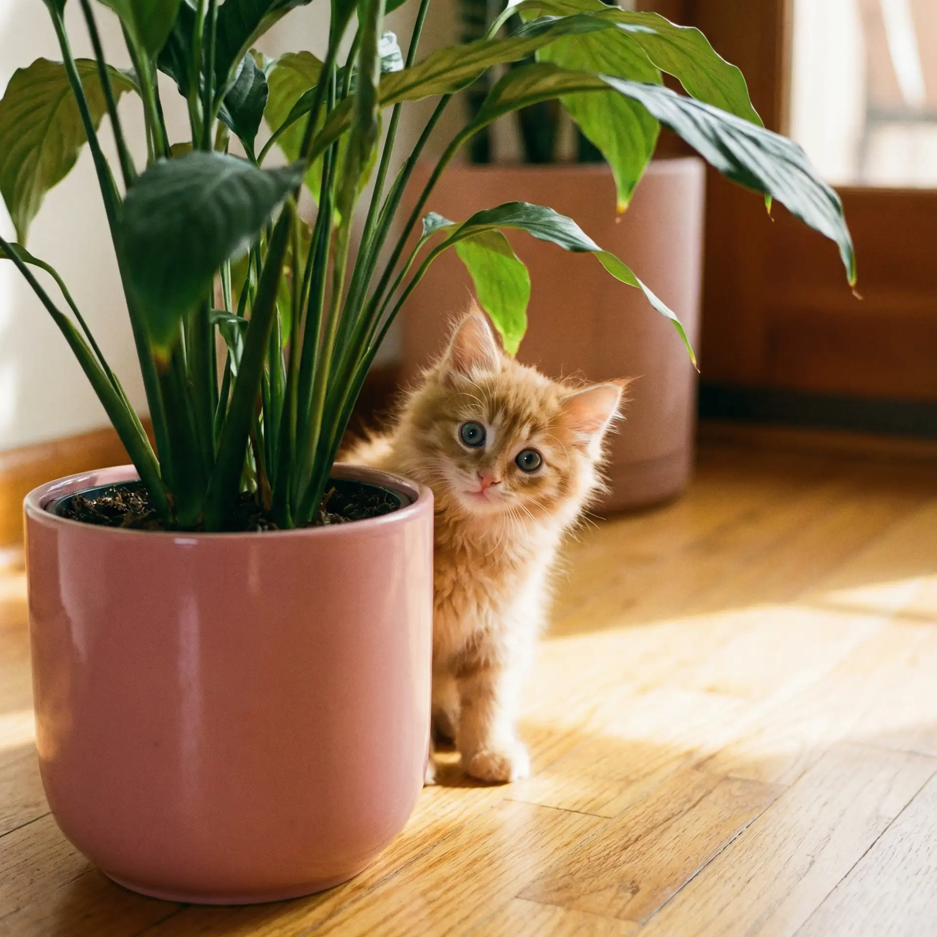 小猫从花盆后探头 - 危险工作